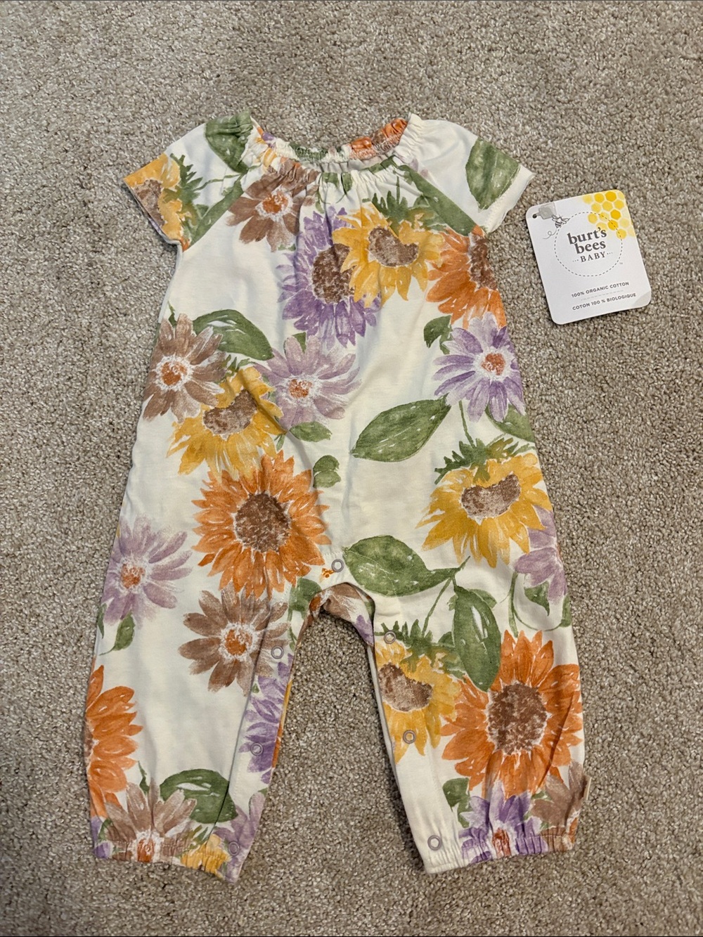 Burt's Bees Baby Cream Floral Sunflower Romper with Orange, Yellow & Purple
